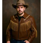 brown jacket with fringe