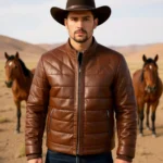 Brown Leather Puffer Jacket