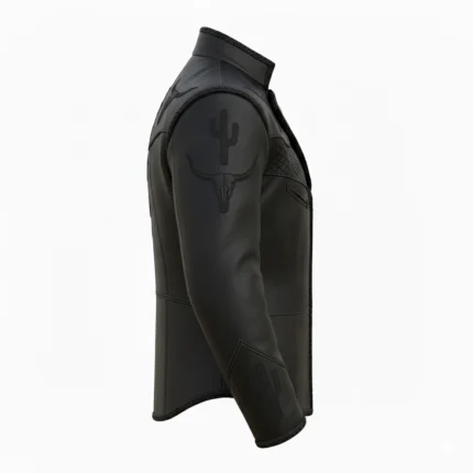 Cowboy Style Black Embroided Leather Jacket