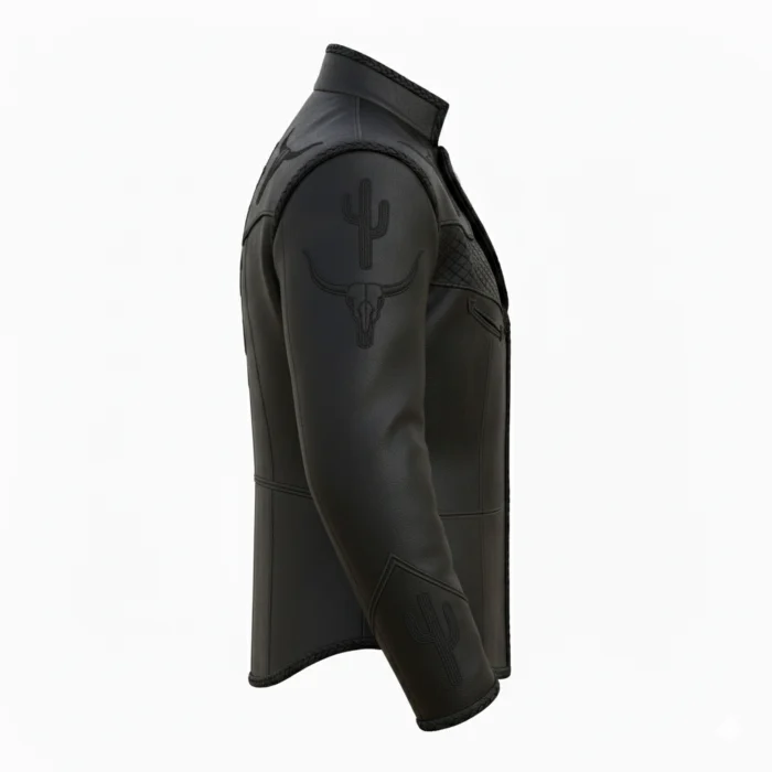 Cowboy Style Black Embroided Leather Jacket