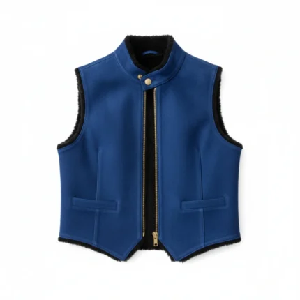 Cowboy Style Blue Suede Leather Fur Vest
