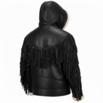 Western Black Hooded Suede Fringe Shearling Jacket