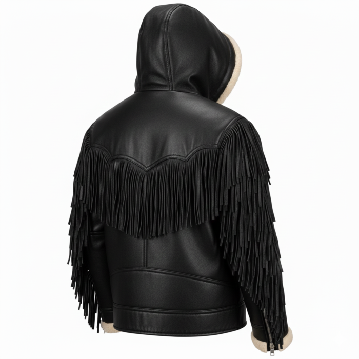 Western Black Hooded Suede Fringe Shearling Jacket