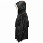 Western Black Hooded Suede Fringe Shearling Jacket