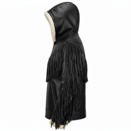 Western Black Hooded Suede Fringe Shearling Jacket