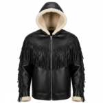 Western Black Hooded Suede Fringe Shearling Jacket