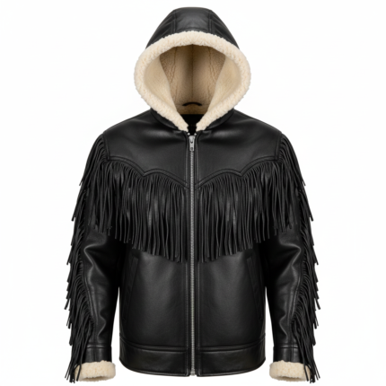 Western Black Hooded Suede Fringe Shearling Jacket
