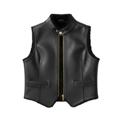 Cowboy Style Black Leather Fur Vest