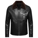 Bull Chest Print Black Leather Cowboy Jacket