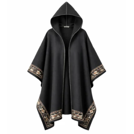 Cowboy Black Wool Border Printed Poncho