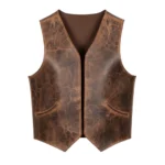 Distressed Brown Sleevesless Leather Jacket