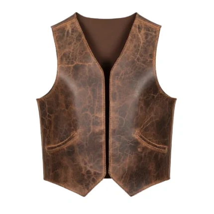 Distressed Brown Sleevesless Leather Jacket
