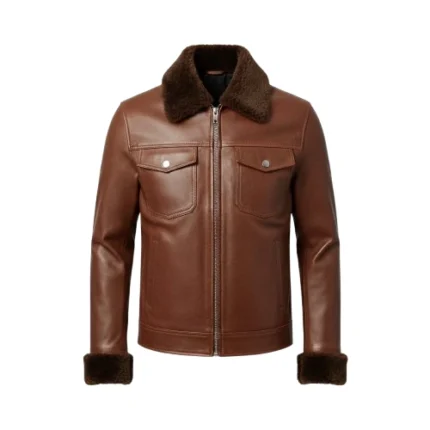Brown Leather Cowboy Shearling Collar Jacket