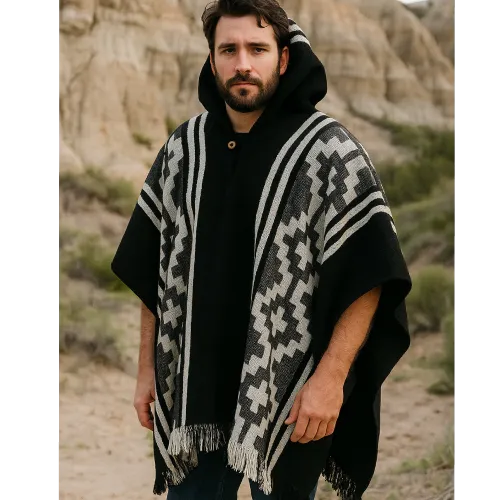 Western Style Grey & Black Alpaca Wool Poncho - Image 2