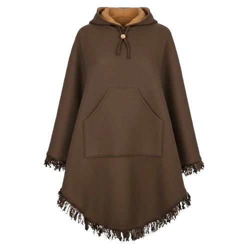 Brown Shearling Hooded Wool Cowboy Poncho