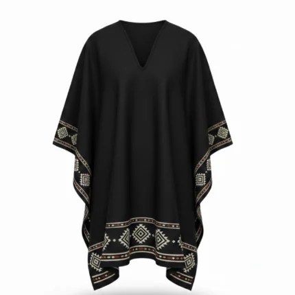 Border Print Cowboy Black Wool Poncho