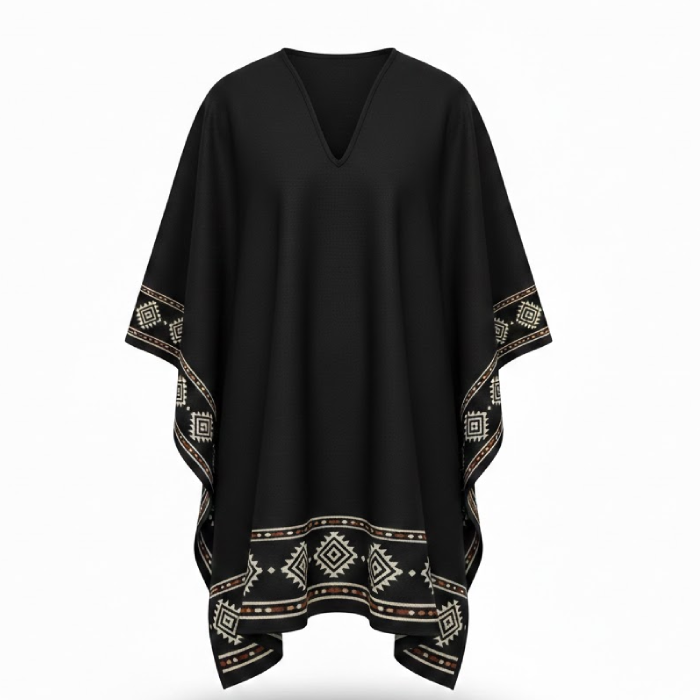 Border Print Cowboy Black Wool Poncho