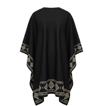 Border Print Cowboy Black Wool Poncho
