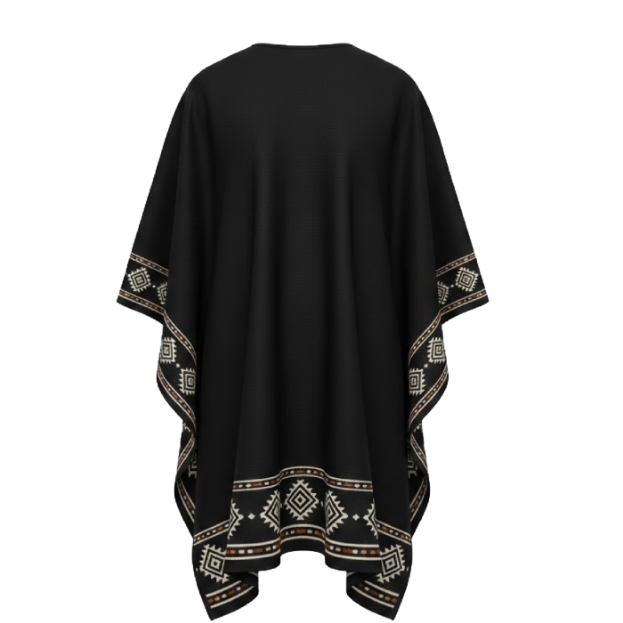 Border Print Cowboy Black Wool Poncho